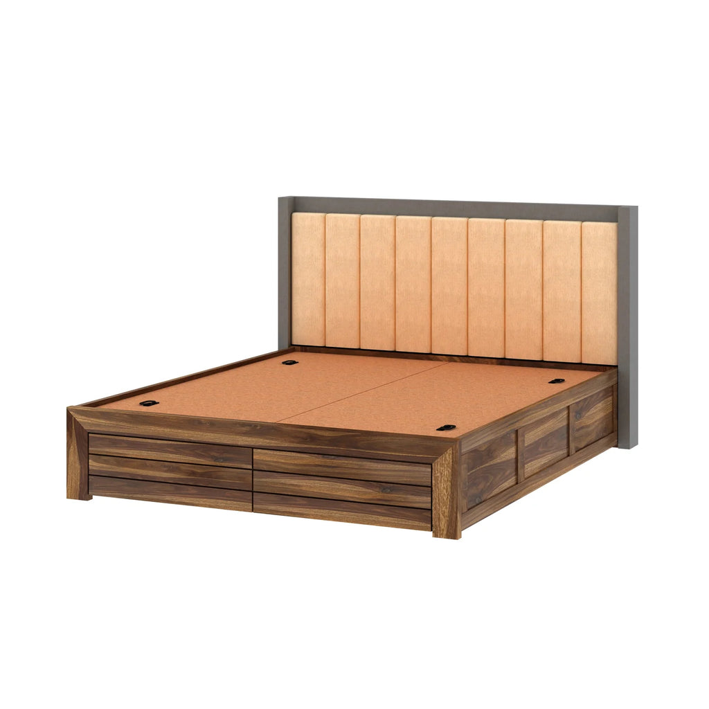 Tierra Solid Sheesham Wood Bed With Box Storage & Upholstered Headboard-3 years Warranty(Luxe Edition)