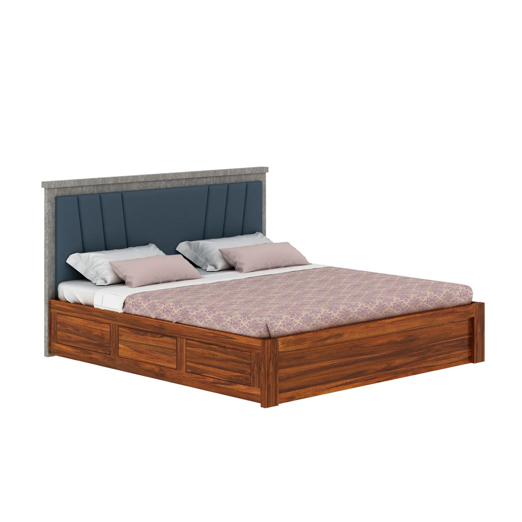 Olviana Solid Sheesham Wood Bed With Box Storage & Upholstered Headboard-3 years Warranty(LUXE EDITION)