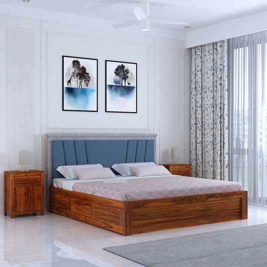 Olviana Sheesham Bed With Box Storage & Upholstered Headboard-3 Years Warranty(Luxe Edition)