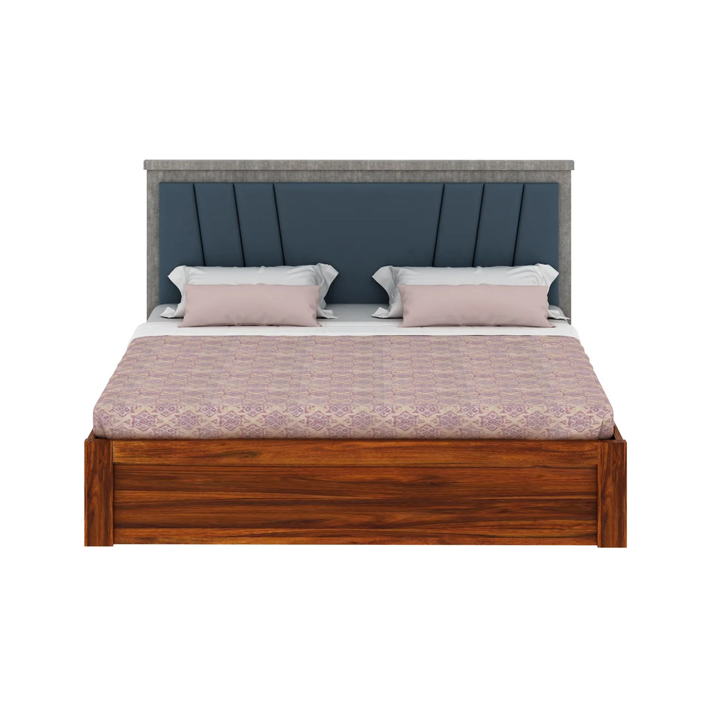 Olviana Solid Sheesham Wood Bed With Box Storage & Upholstered Headboard-3 years Warranty(LUXE EDITION)