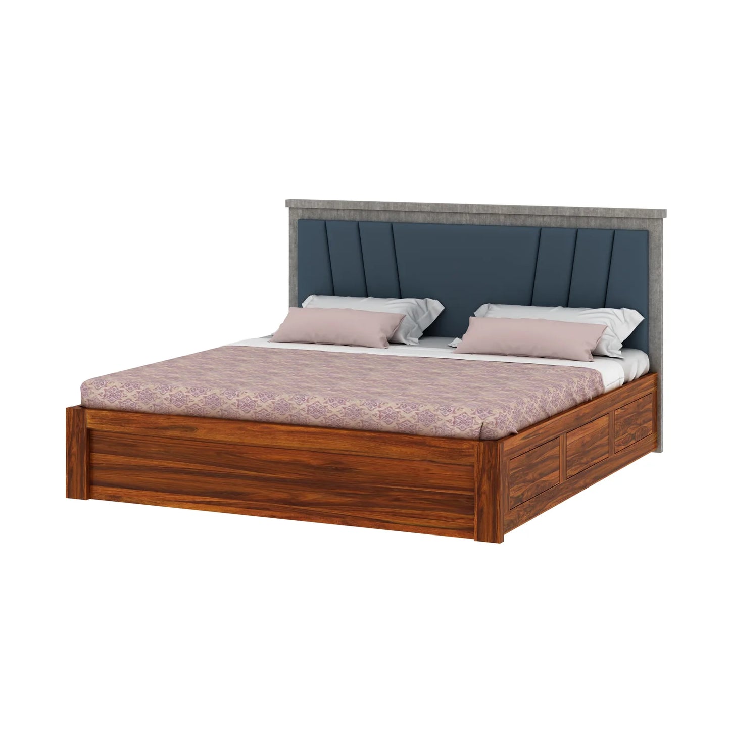 Olviana Sheesham Bed With Box Storage & Upholstered Headboard-3 Years Warranty(Luxe Edition)