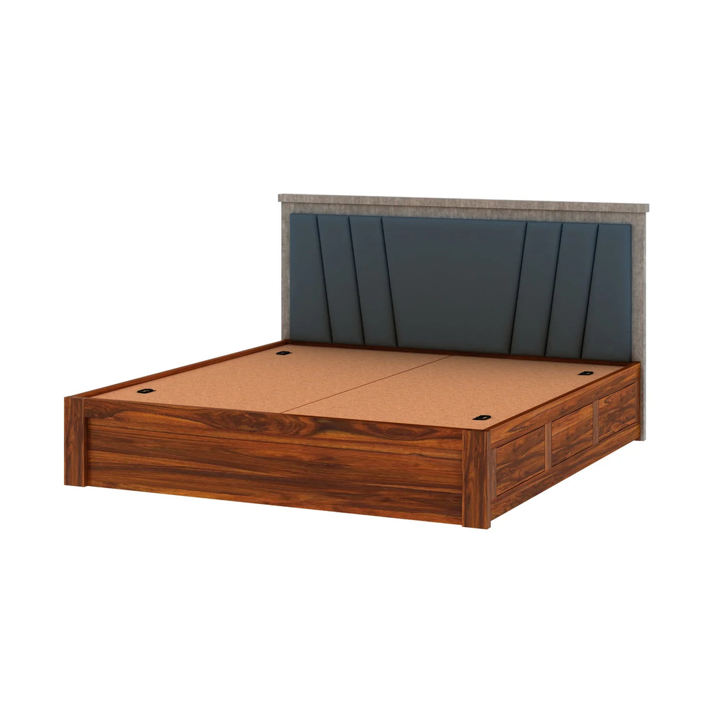 Olviana Solid Sheesham Wood Bed With Box Storage & Upholstered Headboard-3 years Warranty(LUXE EDITION)