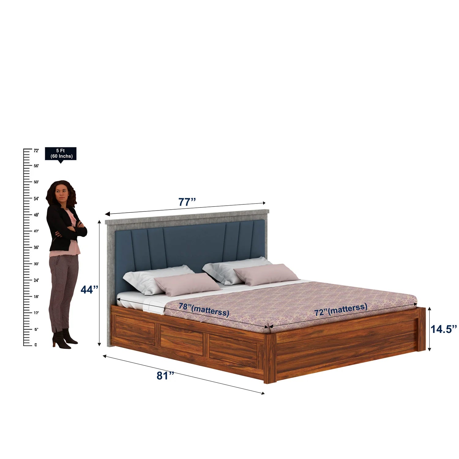 Olviana Solid Sheesham Wood Bed With Box Storage & Upholstered Headboard-3 years Warranty(LUXE EDITION)