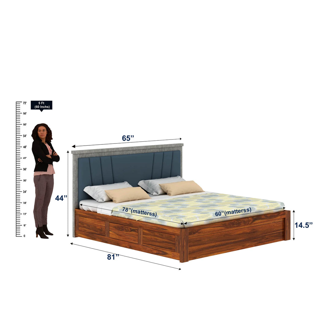 Olviana Solid Sheesham Wood Bed With Box Storage & Upholstered Headboard-3 years Warranty(LUXE EDITION)
