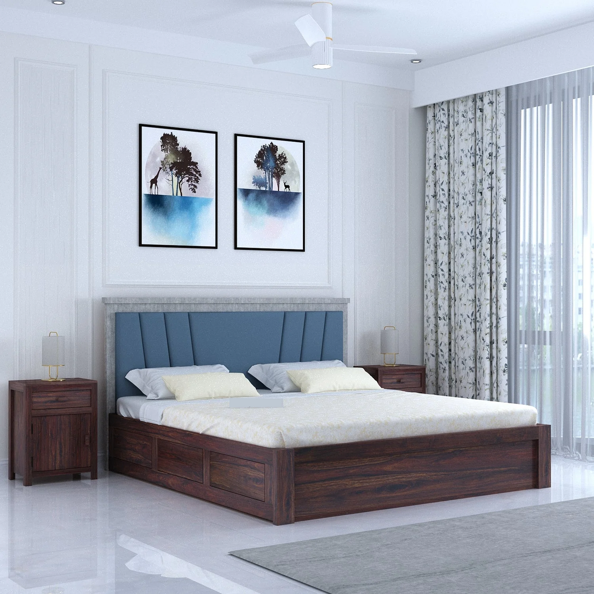 Olviana Sheesham Bed With Box Storage & Upholstered Headboard-3 Years Warranty(Luxe Edition)